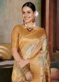 Mustard Cotton Silk Woven Printed Work Saree Festive Wear -C Bazaar Shop mustard cotton silk woven printed work saree sasacw4999 b