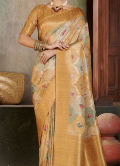 Mustard Cotton Silk Woven Printed Work Saree Festive Wear