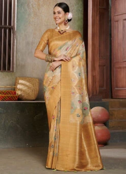 Mustard Cotton Silk Woven Printed Work Saree Festive Wear -C Bazaar Shop mustard cotton silk woven printed work saree sasacw4999 u
