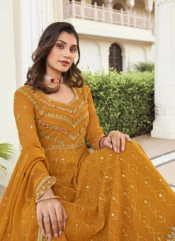 Mustard Faux Georgette Embroidered And Sequins Anarkali Suit Party Wear -C Bazaar Shop mustard faux georgette embroidered and sequins anarkali suit slska46571013 b