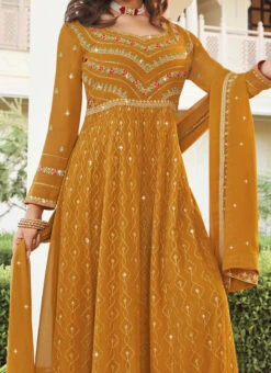 Mustard Faux Georgette Embroidered And Sequins Anarkali Suit Party Wear