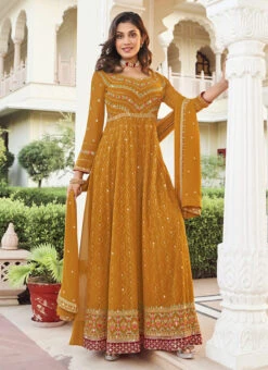 Mustard Faux Georgette Embroidered And Sequins Anarkali Suit Party Wear -C Bazaar Shop mustard faux georgette embroidered and sequins anarkali suit slska46571013 u