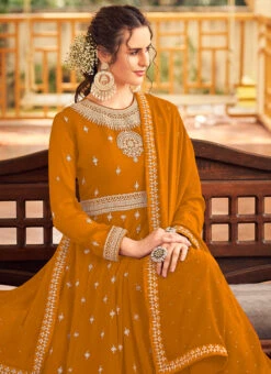 Mustard Georgette Embroidered Anarkali Suit Party Wear -C Bazaar Shop mustard georgette embroidered anarkali suit slsli1921409 b