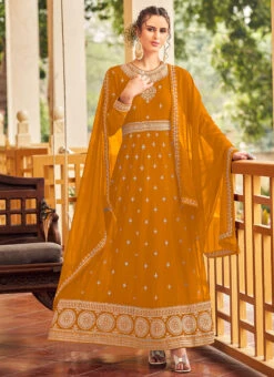 Mustard Georgette Embroidered Anarkali Suit Party Wear -C Bazaar Shop mustard georgette embroidered anarkali suit slsli1921409 u