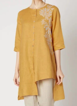 Mustard Linen Kurta Dhoti Pant Set Work Wear