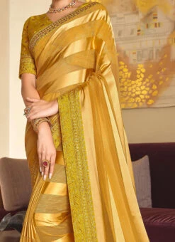 Mustard Organza Embroidery Work Saree Party Wear