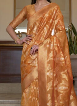 Mustard Organza Zari Work Saree Festive Wear