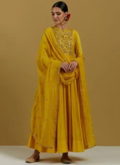 Mustard Yellow Pure Chanderi Silk Zari Work Anarkali Suit Party Wear -C Bazaar Shop mustard yellow pure chanderi silk zari work anarkali suit sldvcsvak205 u
