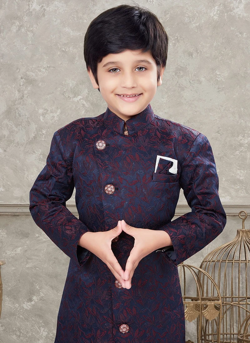 Navy Blue And Maroon Art Silk Jacquard Indowestern Sherwani Party Wear 3 Navy Blue And Maroon Art Silk Jacquard Indowestern Sherwani Party Wear - Image 3