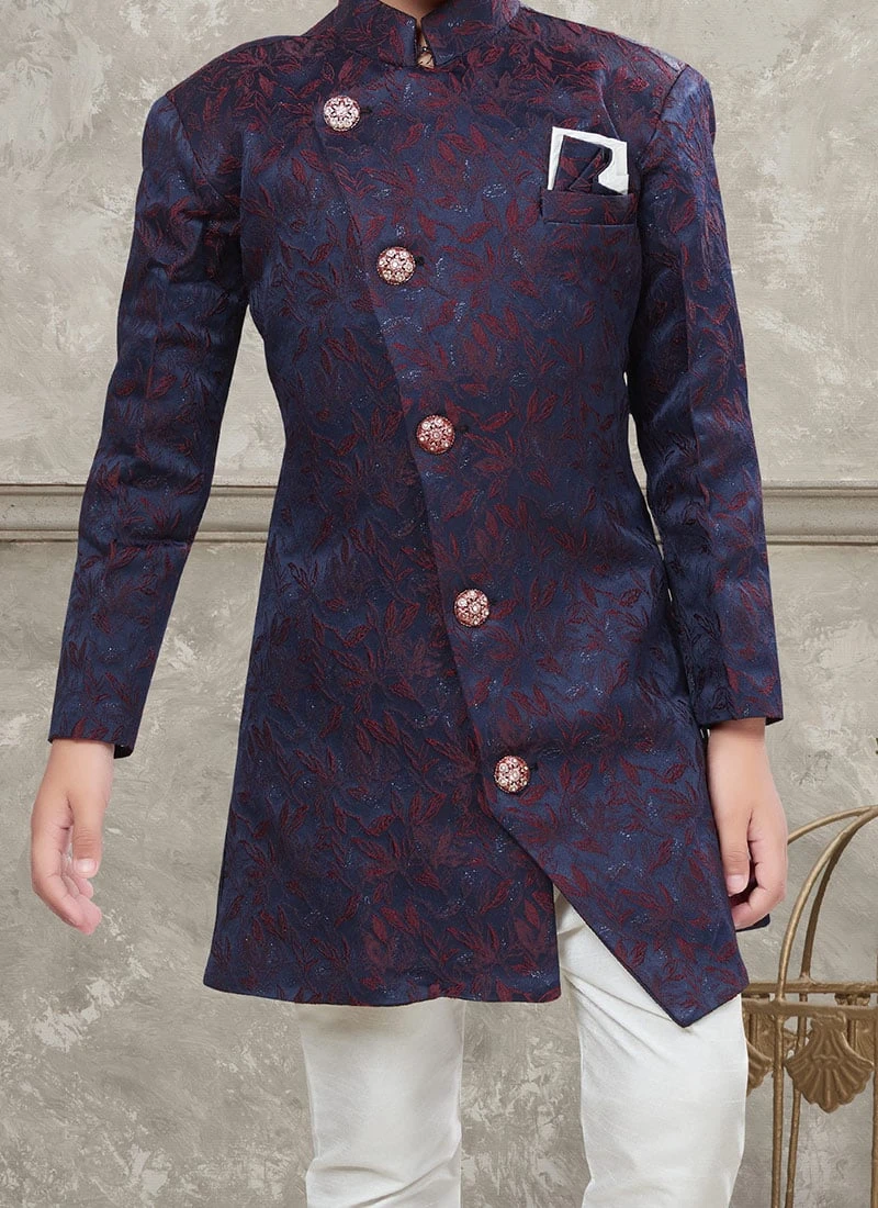 Navy Blue And Maroon Art Silk Jacquard Indowestern Sherwani Party Wear 1 Navy Blue And Maroon Art Silk Jacquard Indowestern Sherwani Party Wear