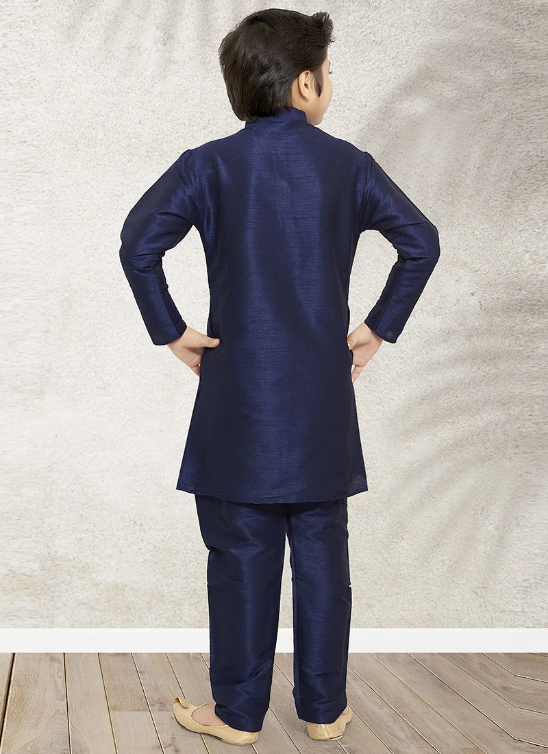 Navy Blue Art Banarasi Silk Soild Plain Kurta Pyjama Party Wear 3 Navy Blue Art Banarasi Silk Soild Plain Kurta Pyjama Party Wear - Image 3