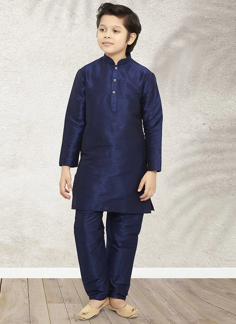 Navy Blue Art Banarasi Silk Soild Plain Kurta Pyjama Party Wear 2 Navy Blue Art Banarasi Silk Soild Plain Kurta Pyjama Party Wear - Image 2