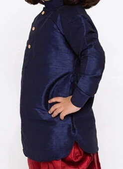 Navy Blue Art Dupion Silk Kurta Dhoti Set