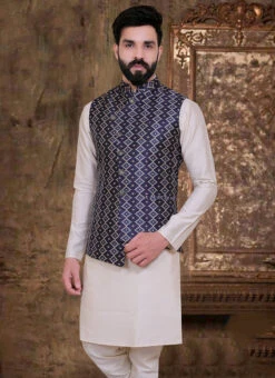 Navy Blue Art Silk Digital Printed Nehru Jacket -C Bazaar Shop navy blue art silk digital printed nehru jacket jkmdc564 b