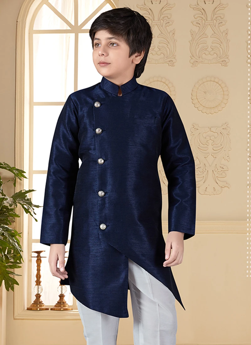 Navy Blue Art Silk Indowestern Sherwani Set Wedding Wear 3 Navy Blue Art Silk Indowestern Sherwani Set Wedding Wear - Image 3