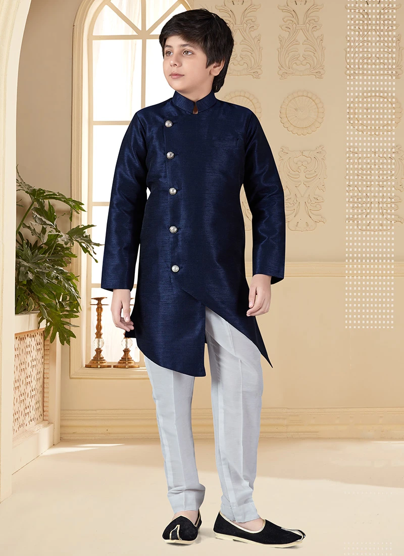 Navy Blue Art Silk Indowestern Sherwani Set Wedding Wear 2 Navy Blue Art Silk Indowestern Sherwani Set Wedding Wear - Image 2