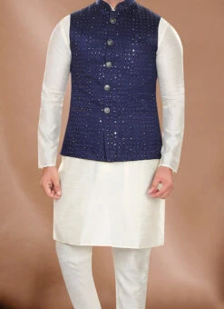 Navy Blue Art Silk Jacquard Bandhgala Jacket
