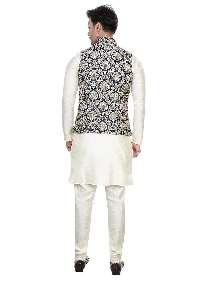 Navy Blue Art Silk Jacquard Nehru Jacket 3 Navy Blue Art Silk Jacquard Nehru Jacket - Image 3
