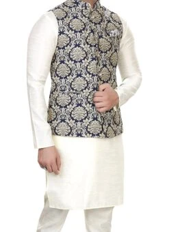 Navy Blue Art Silk Jacquard Nehru Jacket