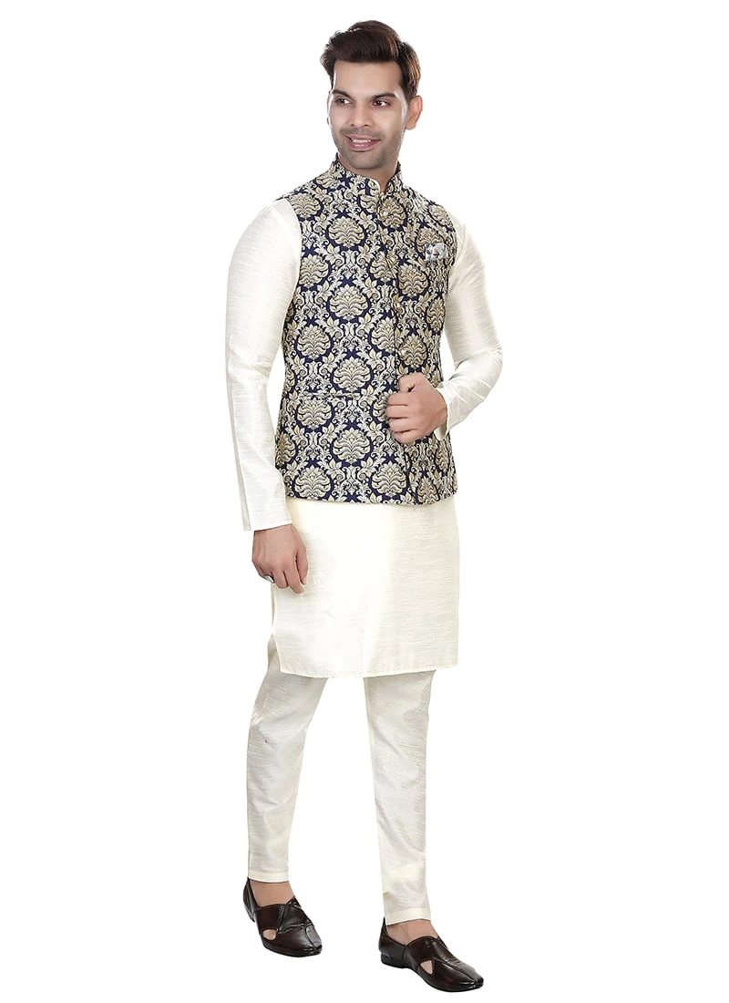 Navy Blue Art Silk Jacquard Nehru Jacket 2 Navy Blue Art Silk Jacquard Nehru Jacket - Image 2
