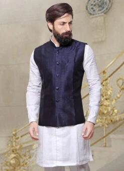 Navy Blue Art Silk Nehru Jacket -C Bazaar Shop navy blue art silk nehru jacket jmkmdcj251 b