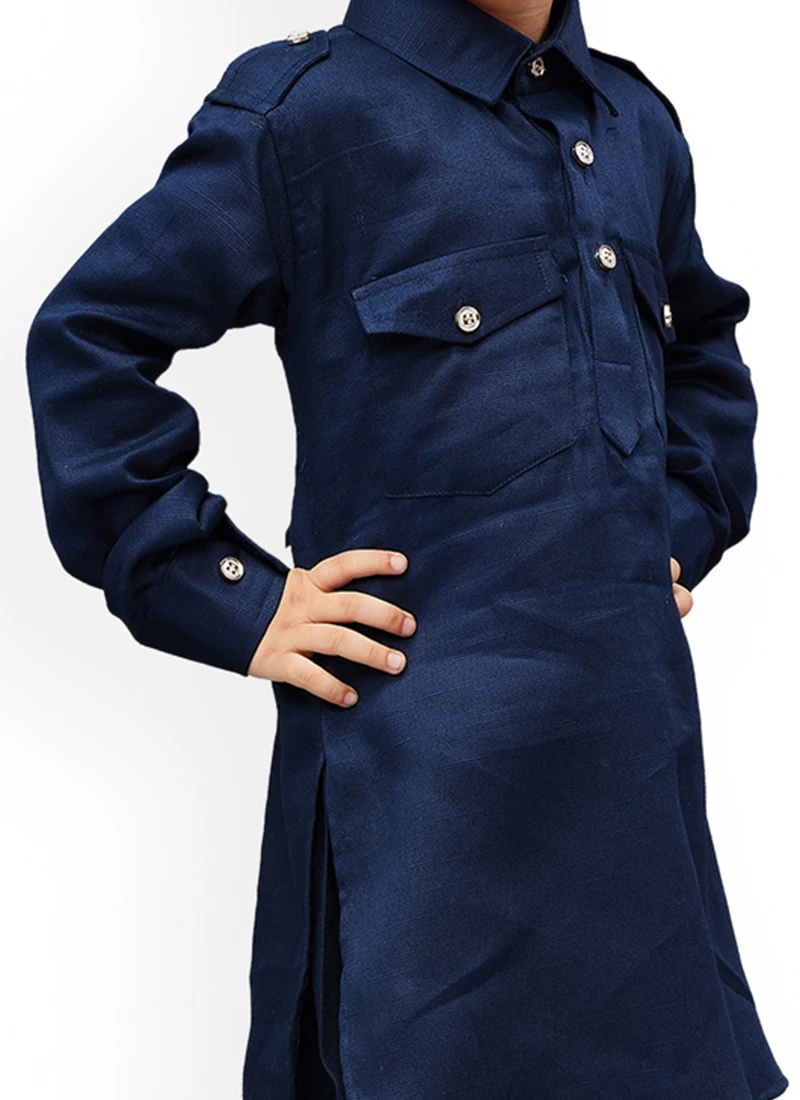 Navy Blue Art Silk Pathani Kurta Pyjama 1 Navy Blue Art Silk Pathani Kurta Pyjama