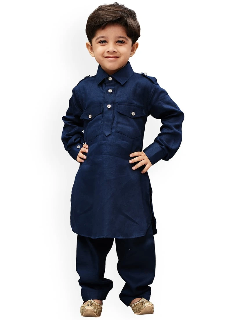 Navy Blue Art Silk Pathani Kurta Pyjama 2 Navy Blue Art Silk Pathani Kurta Pyjama - Image 2