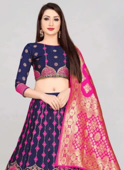 Navy Blue Banarasi Silk Brocade Work A Line Lehenga Choli Festive Wear -C Bazaar Shop navy blue banarasi silk brocade work a line lehenga choli ghsommr2597 b