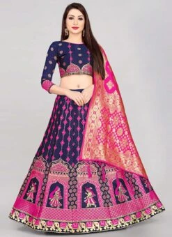 Navy Blue Banarasi Silk Brocade Work A Line Lehenga Choli Festive Wear -C Bazaar Shop navy blue banarasi silk brocade work a line lehenga choli ghsommr2597 u