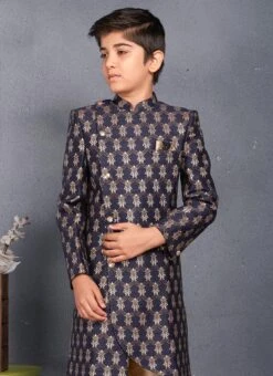 Navy Blue Banarasi Brocade Classic Sherwani Wedding Wear 5 Navy Blue Banarasi Brocade Classic Sherwani Wedding Wear -C Bazaar Shop navy blue benarasi brocade classic sherwani kdbmss6166 b