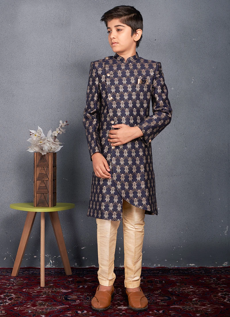 Navy Blue Banarasi Brocade Classic Sherwani Wedding Wear 2 Navy Blue Banarasi Brocade Classic Sherwani Wedding Wear - Image 2