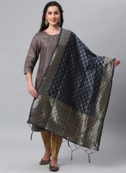Navy Blue Benarasi Silk Jacquard Woven Dupatta Festive Wear -C Bazaar Shop navy blue benarasi silk jacquard woven dupatta dpsli1402105blu u