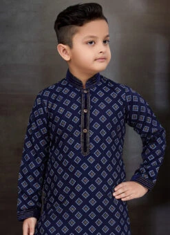 Navy Blue Blended Cotton Printed Kids Boys Kurta Pyjama Festive Wear 5 Navy Blue Blended Cotton Printed Kids Boys Kurta Pyjama Festive Wear -C Bazaar Shop navy blue blended cotton printed kids boys kurta pyjama kdbmss6246 b