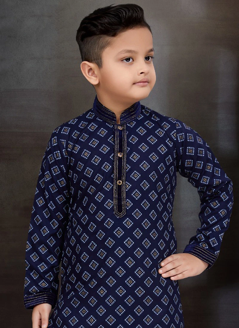 Navy Blue Blended Cotton Printed Kids Boys Kurta Pyjama Festive Wear 3 Navy Blue Blended Cotton Printed Kids Boys Kurta Pyjama Festive Wear - Image 3