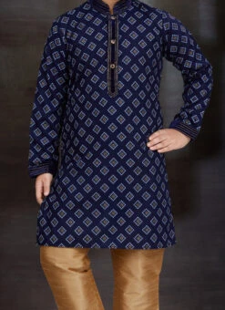 Navy Blue Blended Cotton Printed Kids Boys Kurta Pyjama Festive Wear