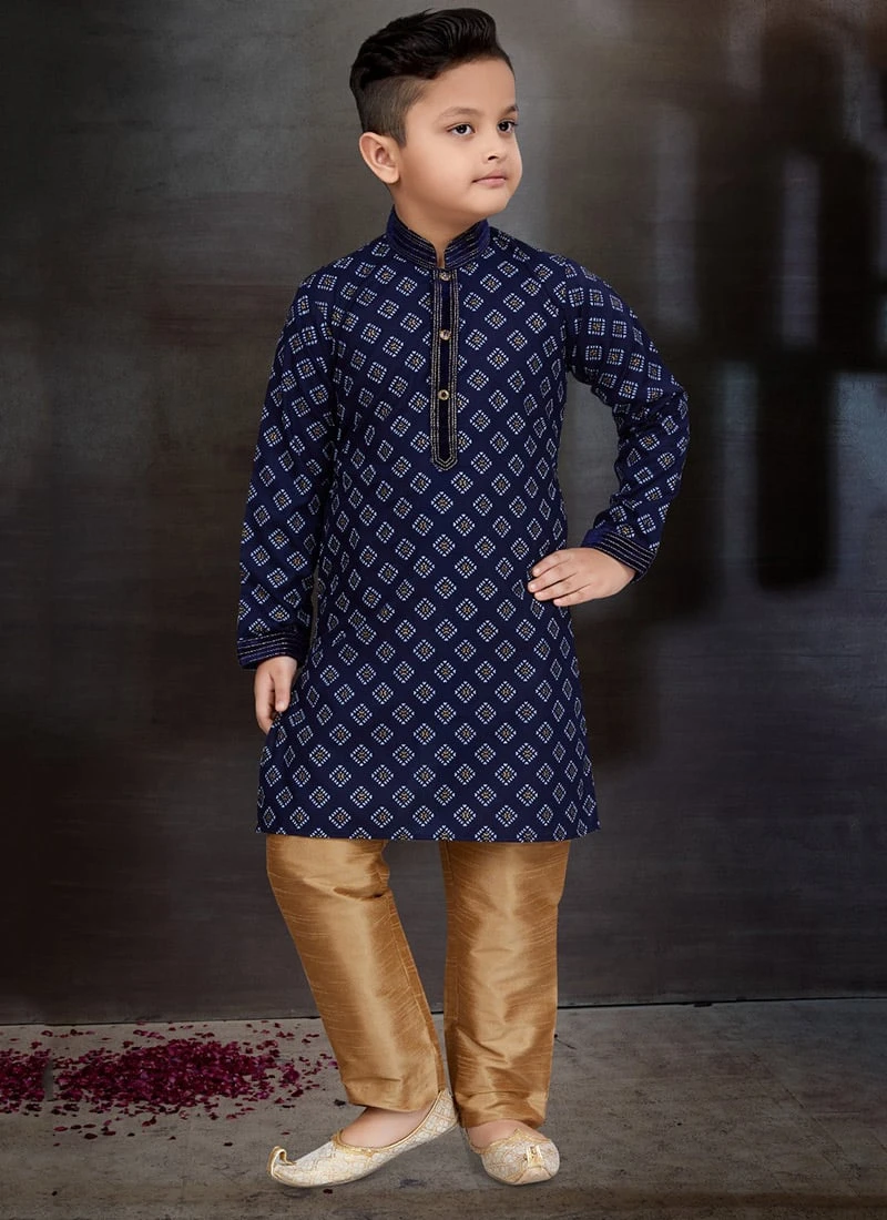 Navy Blue Blended Cotton Printed Kids Boys Kurta Pyjama Festive Wear 2 Navy Blue Blended Cotton Printed Kids Boys Kurta Pyjama Festive Wear - Image 2