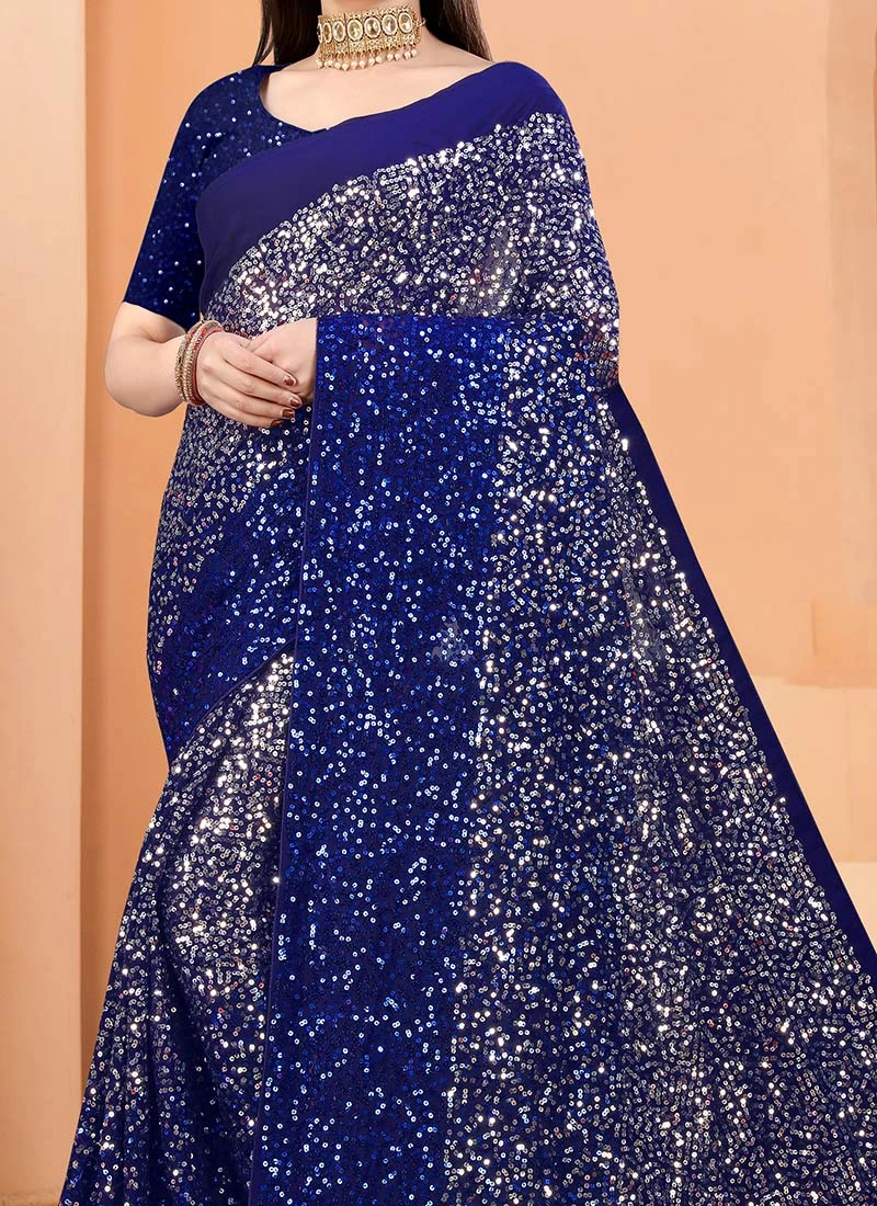 Navy Blue Color Sequins Work Georgette Saree Party Wear 1 Navy Blue Color Sequins Work Georgette Saree Party Wear