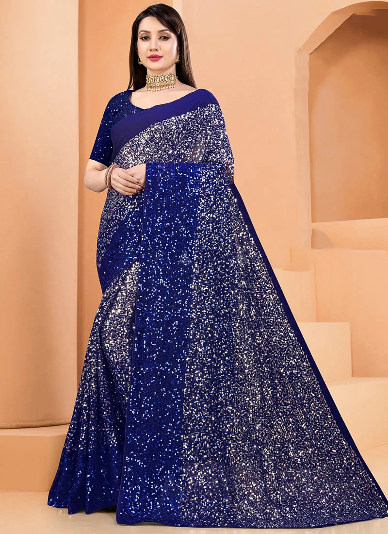 Navy Blue Color Sequins Work Georgette Saree Party Wear 3 Navy Blue Color Sequins Work Georgette Saree Party Wear - Image 3