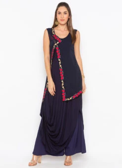 Navy Blue Cotton Embroidered Kurta Palazzo Set After Six Wear -C Bazaar Shop navy blue cotton embroidered kurta palazzo set krsmnc2111ks u