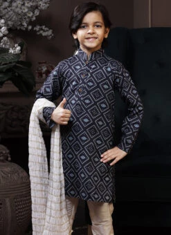 Navy Blue Cotton Printed Boys Kurta Pyjama Party Wear -C Bazaar Shop navy blue cotton printed boys kurta pyjama kdbmss6194 b