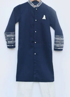 Navy Blue Cotton Silk Embroidered Classic Sherwani