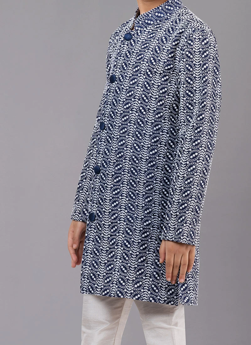 Navy Blue Cotton Silk Embroidery Kurta Pyjama Party Wear 1 Navy Blue Cotton Silk Embroidery Kurta Pyjama Party Wear