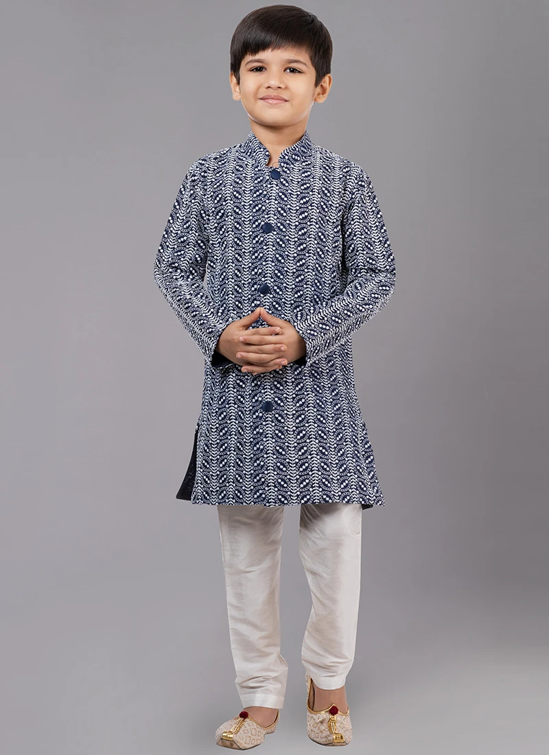 Navy Blue Cotton Silk Embroidery Kurta Pyjama Party Wear 2 Navy Blue Cotton Silk Embroidery Kurta Pyjama Party Wear - Image 2
