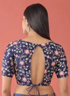 Navy Blue Embroidered Silk Readymade Blouse Party Wear -C Bazaar Shop navy blue embroidered silk readymade blouse blspfb225nb b