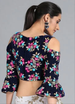 Navy Blue Embroidered Velvet Blouse Party Wear -C Bazaar Shop navy blue embroidered velvet blouse BLBS02305251 b