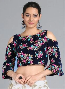 Navy Blue Embroidered Velvet Blouse Party Wear -C Bazaar Shop navy blue embroidered velvet blouse BLBS02305251 u