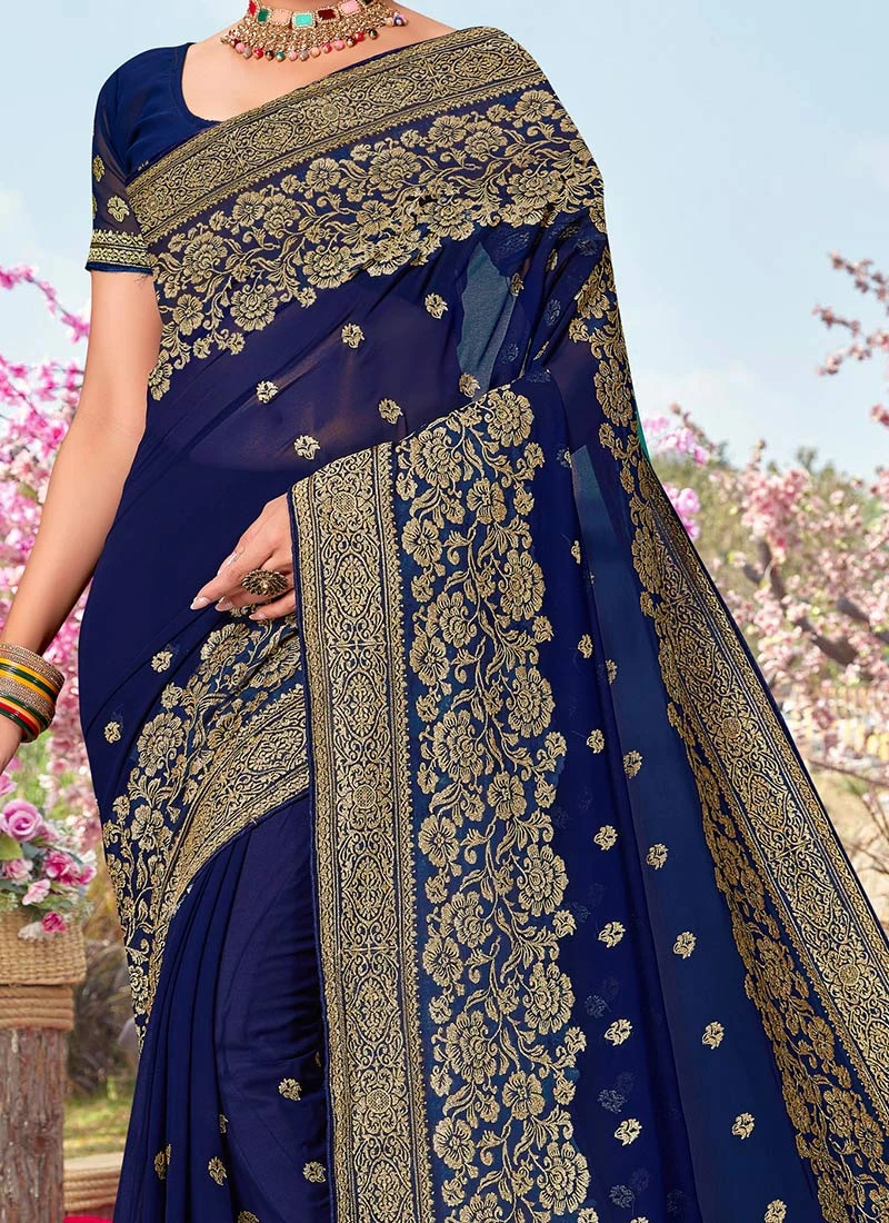 Navy Blue Faux Georgette Embroidered Saree After Six Wear 1 Navy Blue Faux Georgette Embroidered Saree After Six Wear