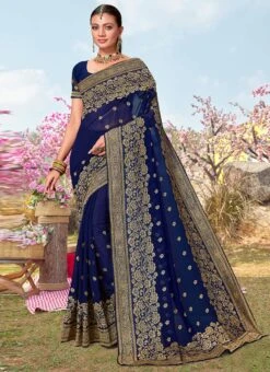 Navy Blue Faux Georgette Embroidered Saree After Six Wear 6 Navy Blue Faux Georgette Embroidered Saree After Six Wear -C Bazaar Shop navy blue faux georgette embroidered saree sasnfs7244 u