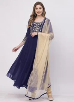 Navy Blue Georgette Embroidered Anarkali Suit With Cream Dupatta Work Wear -C Bazaar Shop navy blue georgette embroidered anarkali suit with cream dupatta sldmf7479ny u