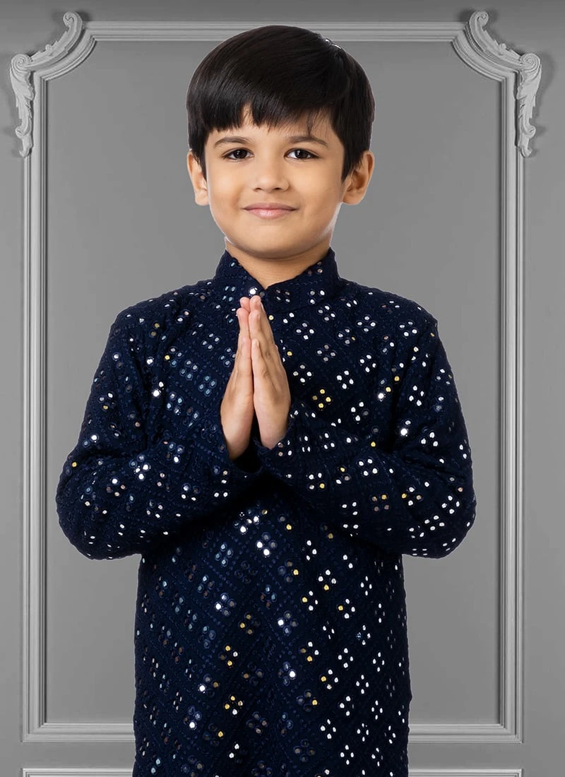 Navy Blue Georgette Embroidered Boys Kurta Pyjama Party Wear 3 Navy Blue Georgette Embroidered Boys Kurta Pyjama Party Wear - Image 3